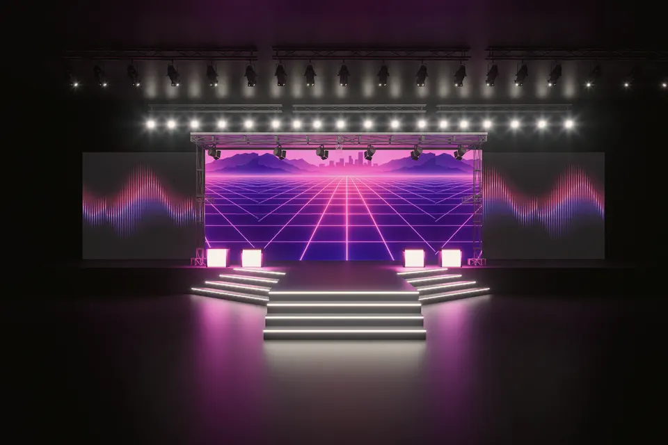 Concert stage glowing magenta with a retro grid LED wall