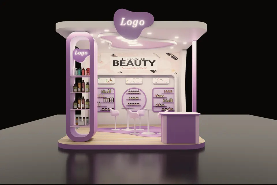 Lilac modular exhibition stand with curved shelving