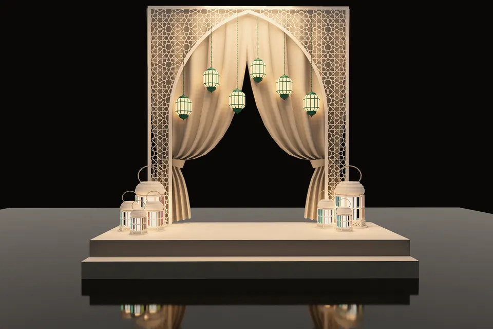 Ivory drape stage with hanging lanterns on a black floor