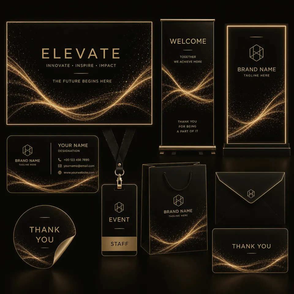 Black and gold brand collateral suite with flowing light lines
